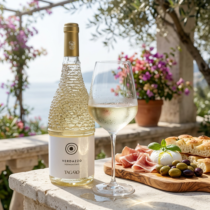 Tagaro Verdazzo Vermentino with chilled white wine and antipasto on an Italian coastal terrace.