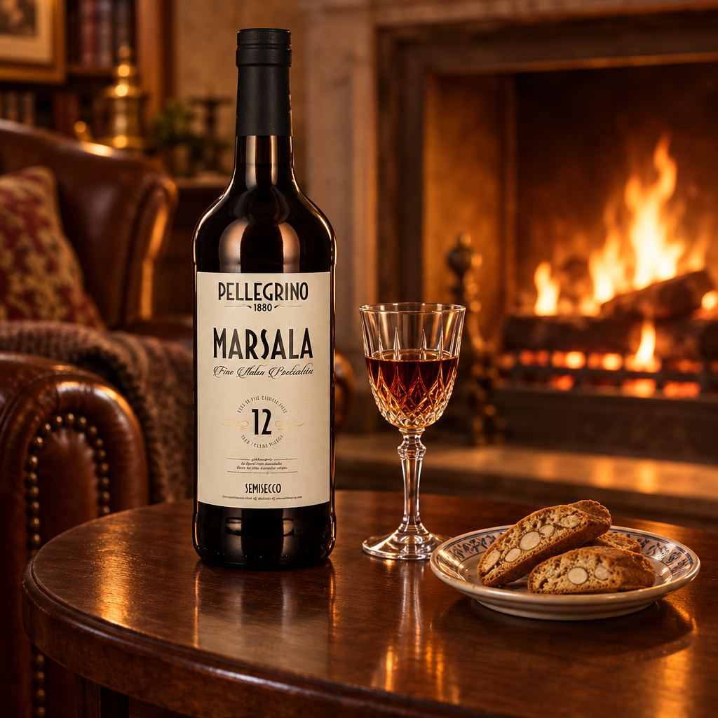 Pellegrino Fine Marsala with a small ornate glass and almond biscotti in a fireside lounge