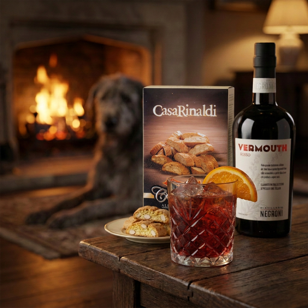 Casa Rinaldi cantuccini fireside lifestyle with matching packaging