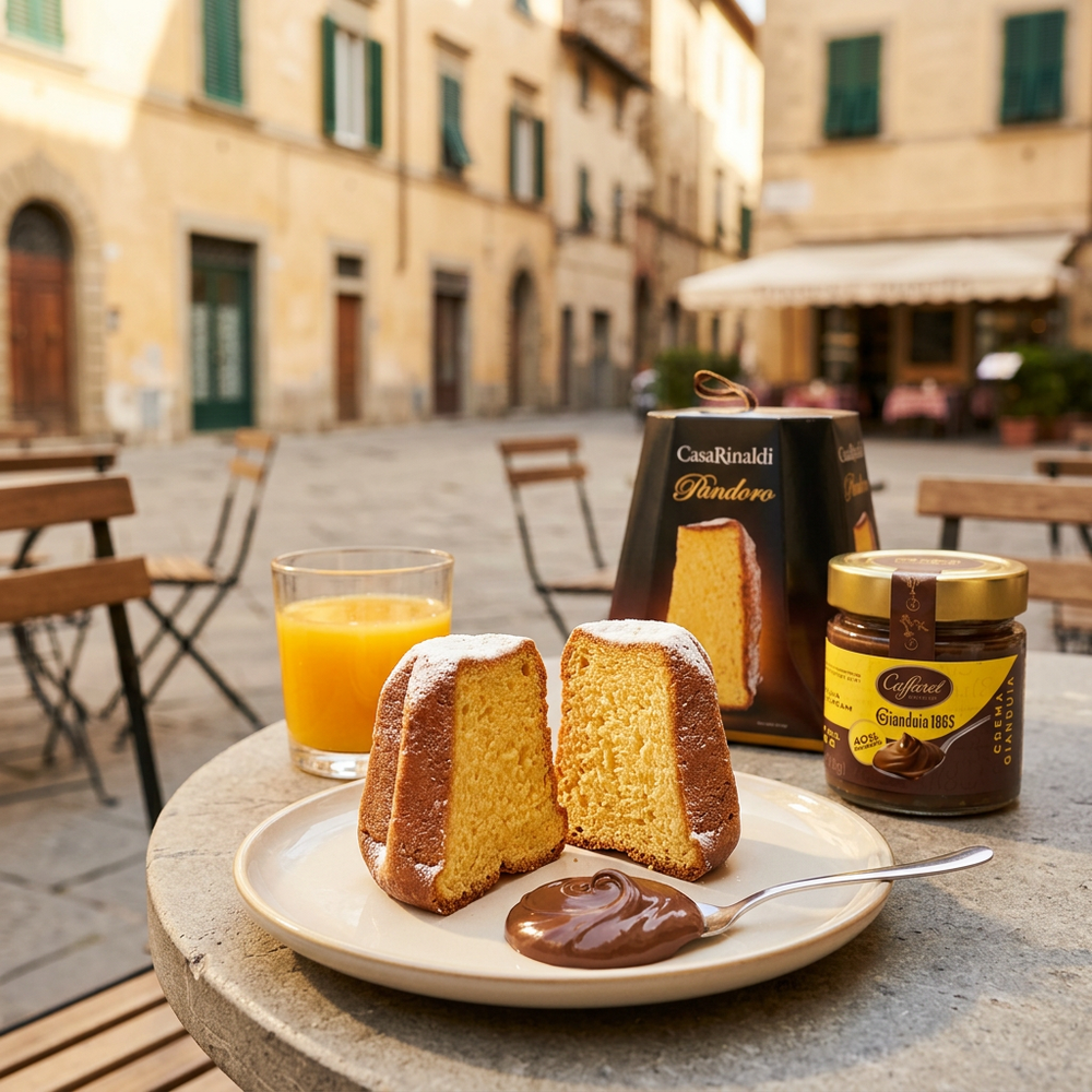 Mini pandoro with Caffarel Gianduia spread and orange juice in an old-town Italian piazza