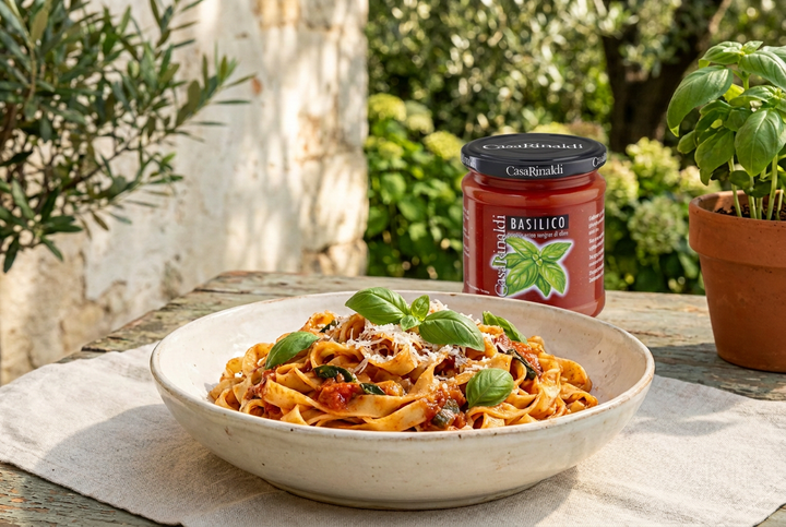 Outdoor tagliatelle with the Casa Rinaldi Basilico jar