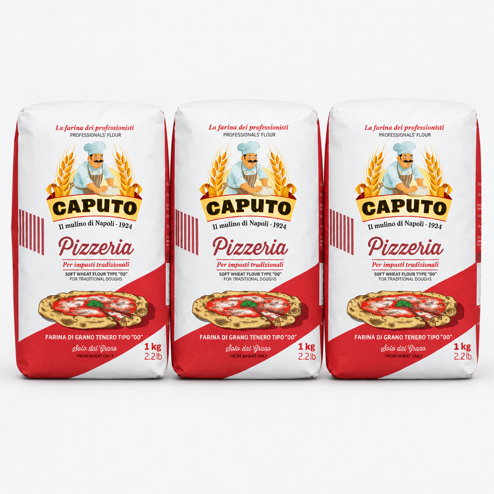 Three bags of Caputo Pizzeria specialist flour 1kg shown as a value pack