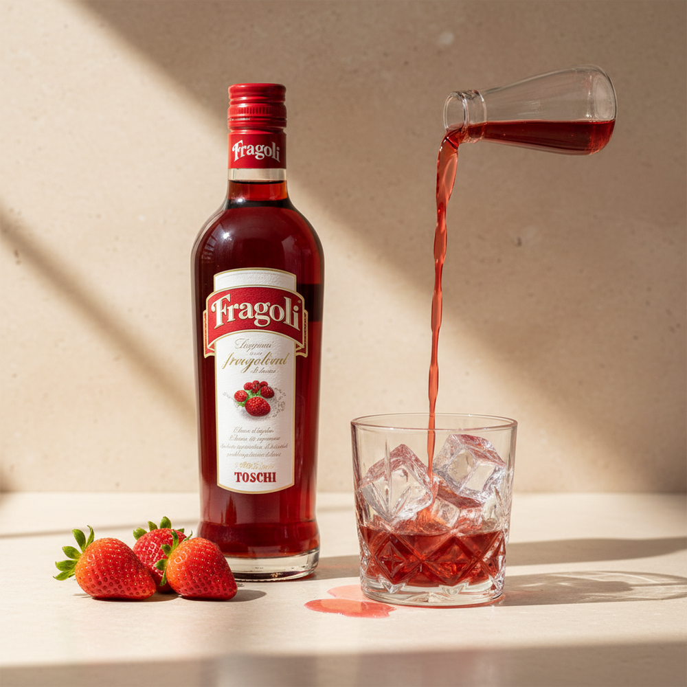 Toschi Fragoli strawberry liqueur served over ice